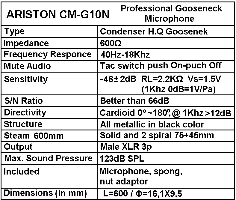 gilbord cm-g10n gooseneck ενσύρματο πυκνωτικό μικρόφωνο ομιλίας τεχνικά χαρακτηριστικά