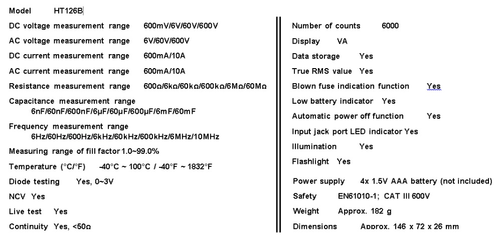 habotest ht126b digital multimeter technical data